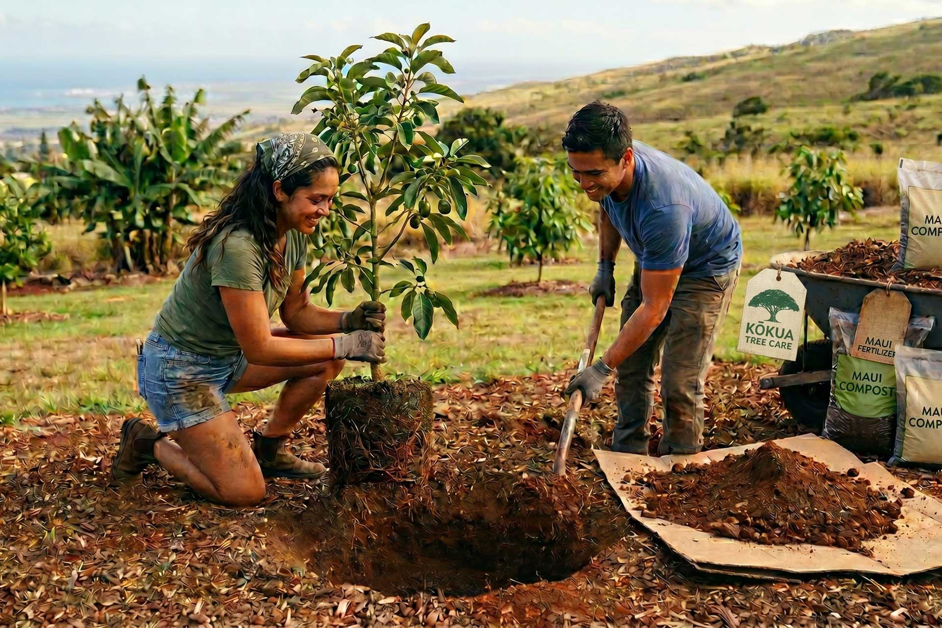 Two people outdoors planting a young tree in a field, showing kokua tree care as one holds the sapling and the other digs. Compost bags and farmland with plants appear in the background beneath a partly cloudy sky.