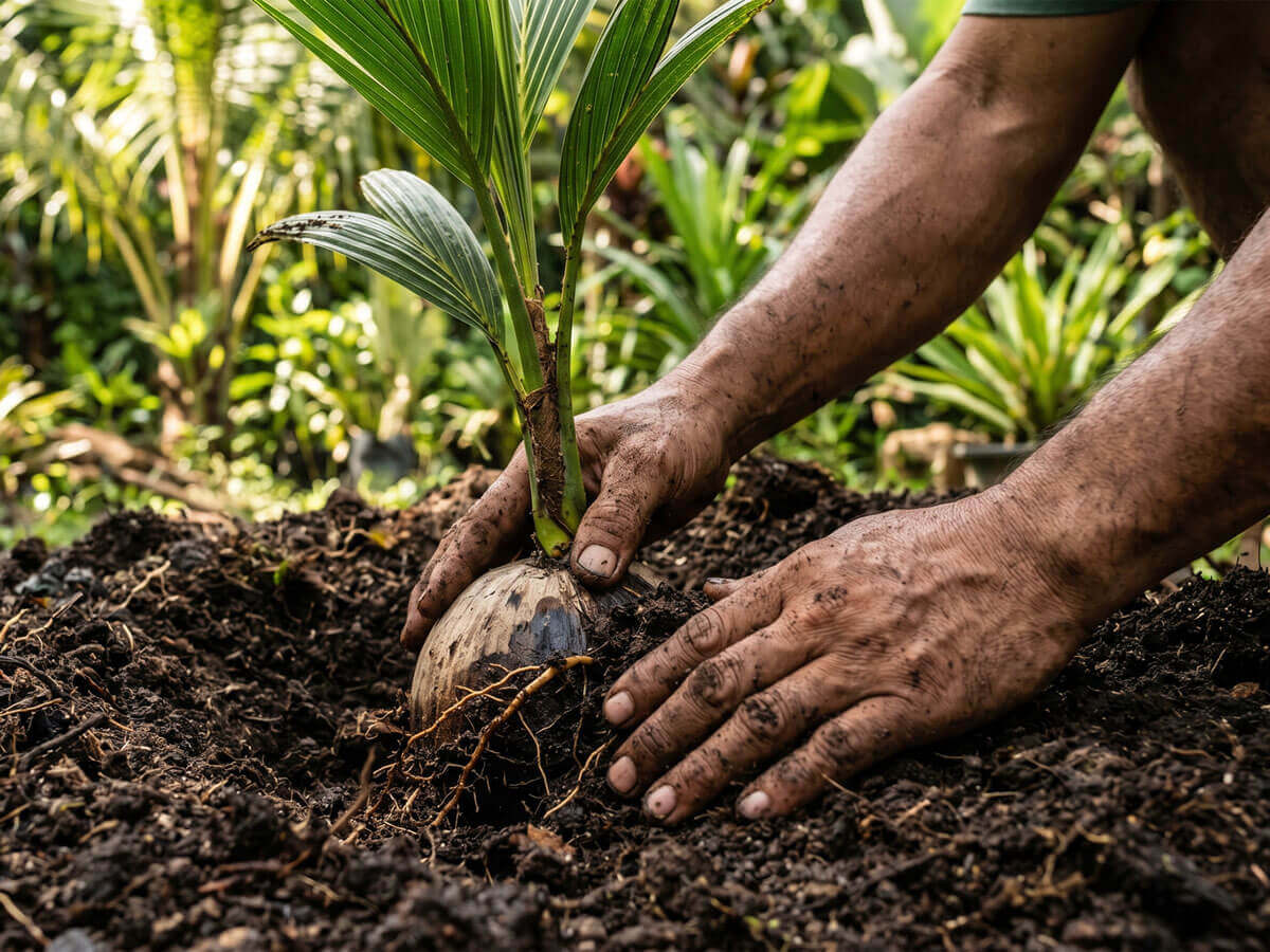 Close-up of a person’s hands planting a small coconut palm seedling into rich, dark soil, showcasing kokua tree care in action. Green plants and blurred foliage fill the background, while gardening hands and seedling are covered in earth.